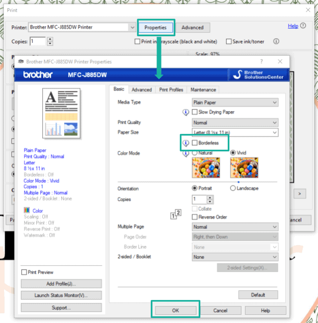 Second Brother Printer Window from properties settings in first window.