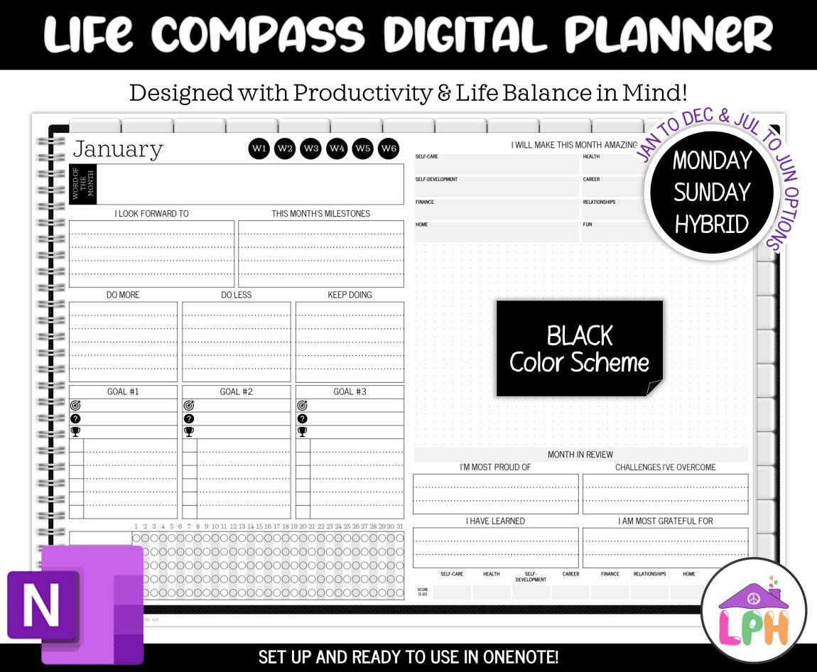 onenote digital planner black