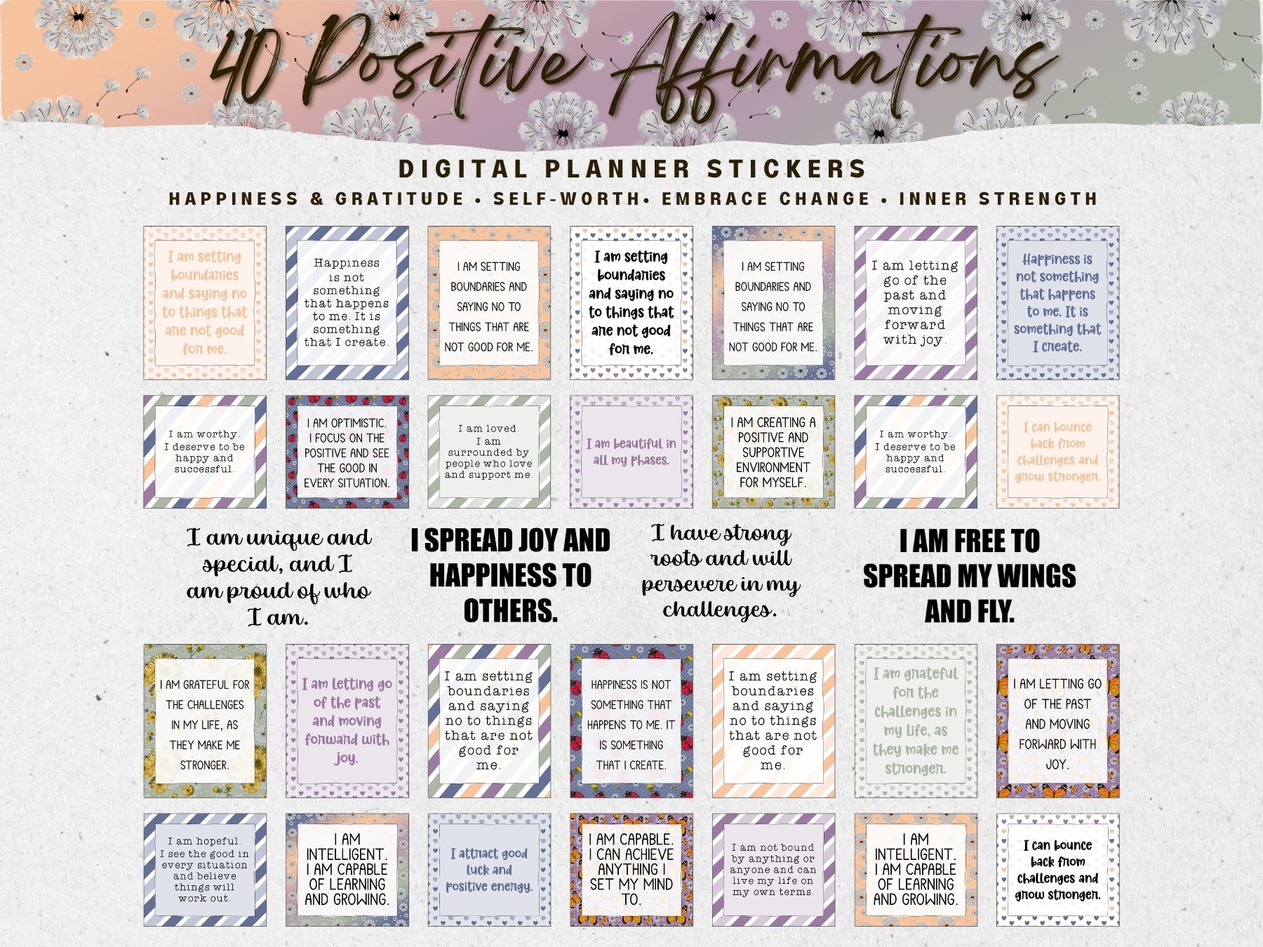 positive affirmation card digital stickers for digital journal and digital planners to boost self esteem and live happier life.