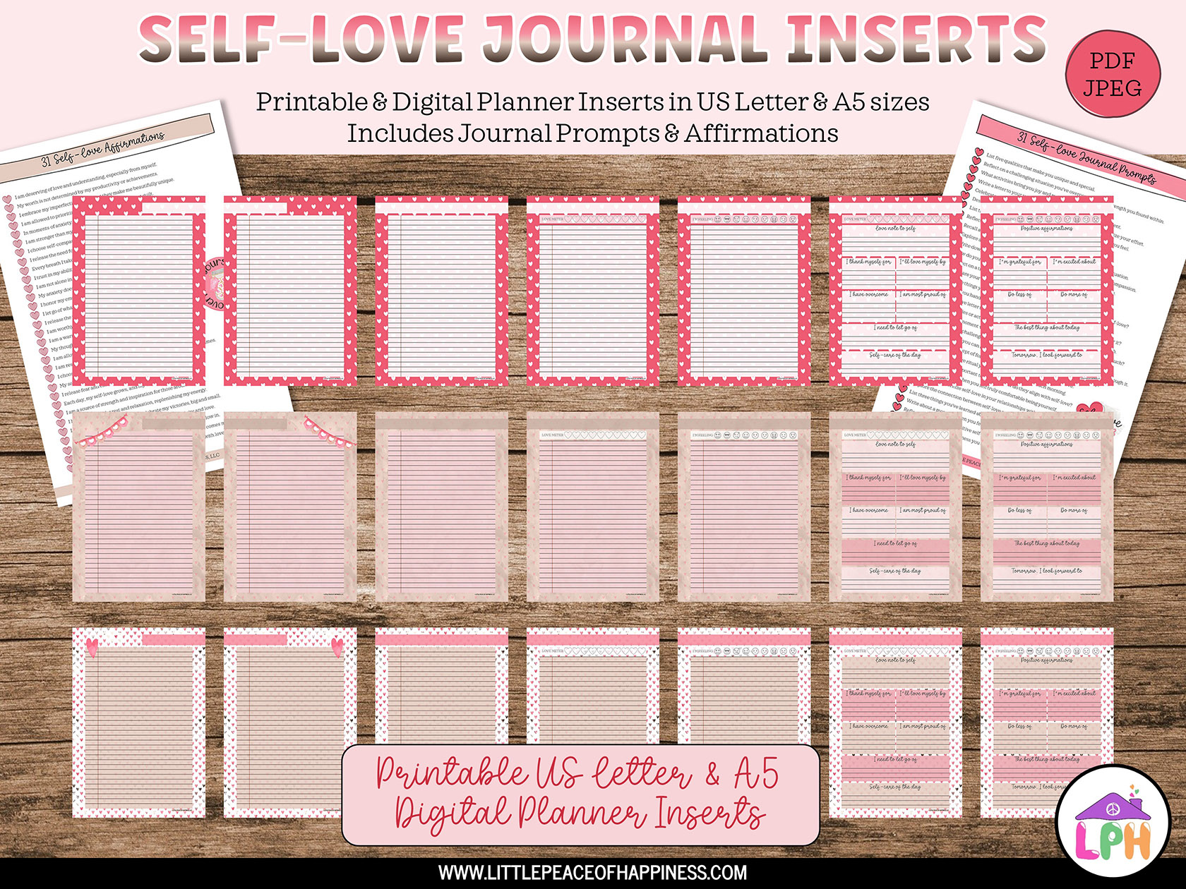 printable guided journal page templates to print at home and for digital use in digital journals and digital planners. Includes self love journal prompts and list of affirmations.