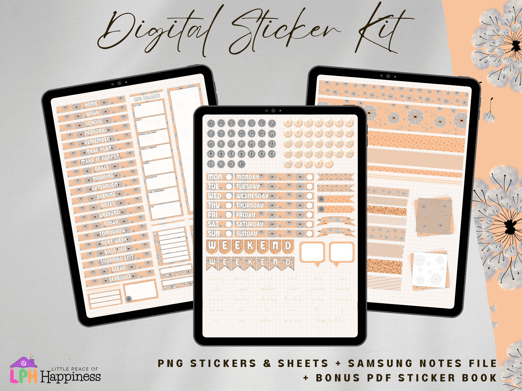 Peach Color Dandelion Functional Digital Planner Stickers for Digital Planners