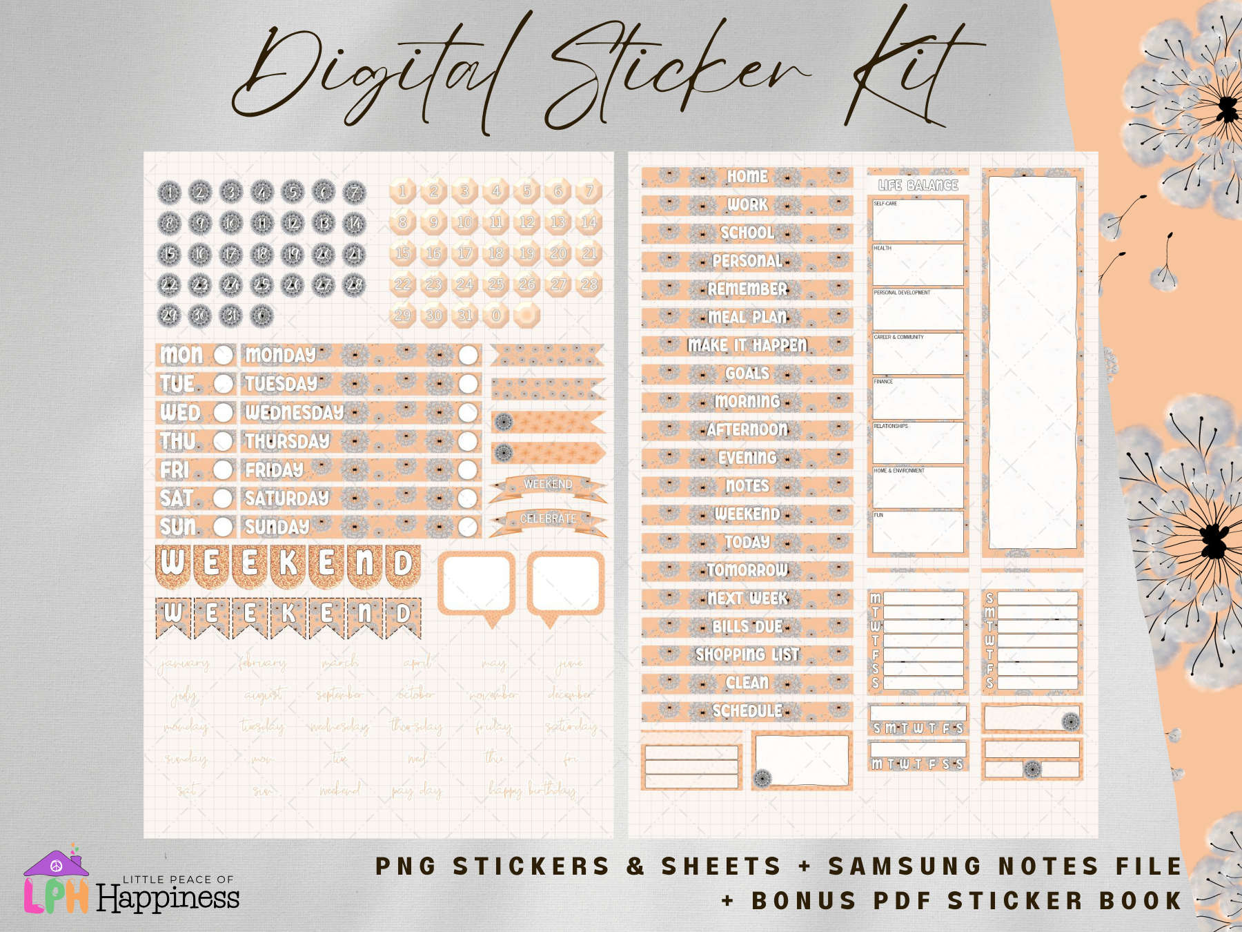 Peach Color Dandelion Functional Digital Sticker for Digital Planners