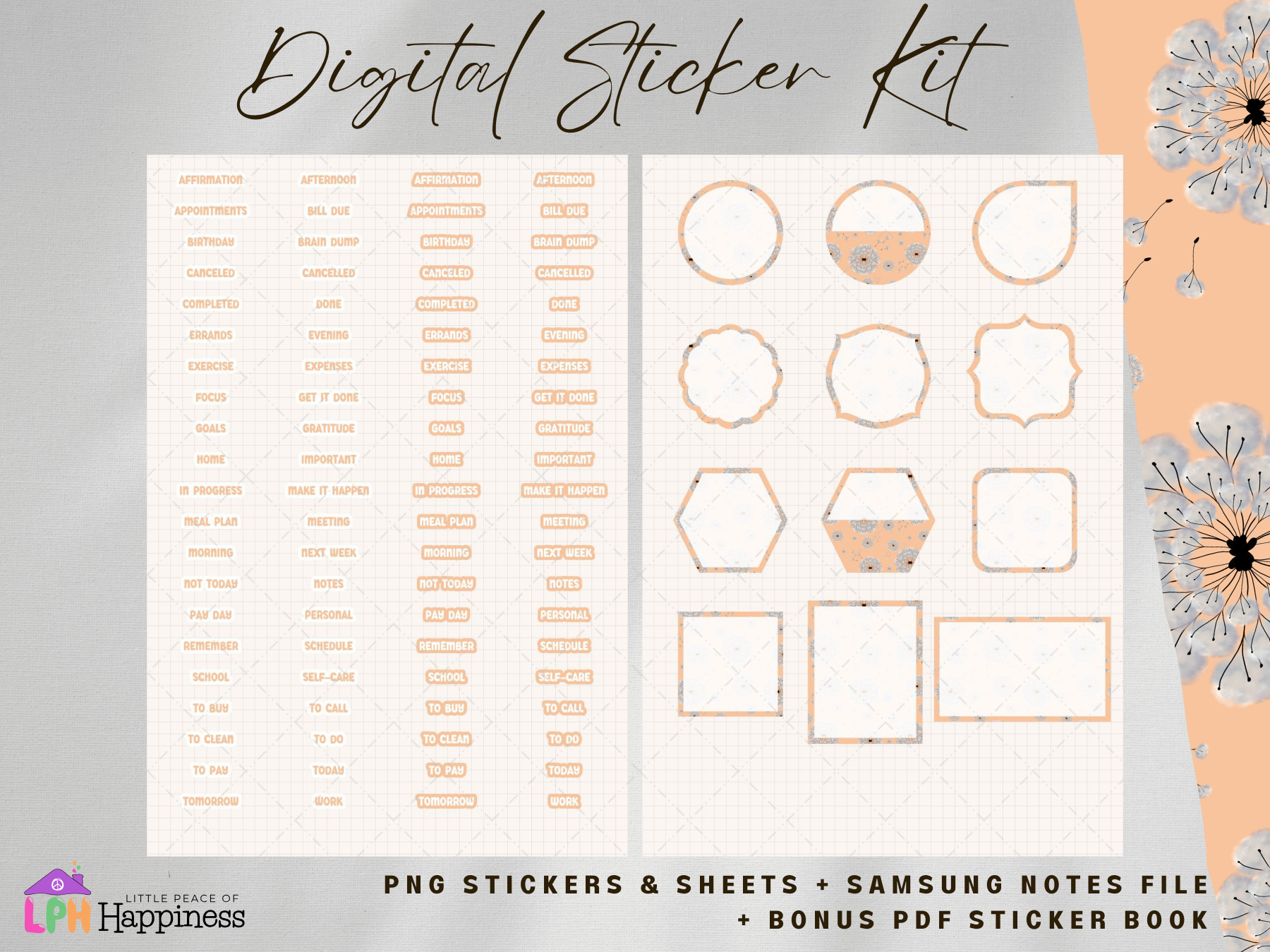 Peach Color Dandelion Digital Sticker for Digital Planners
