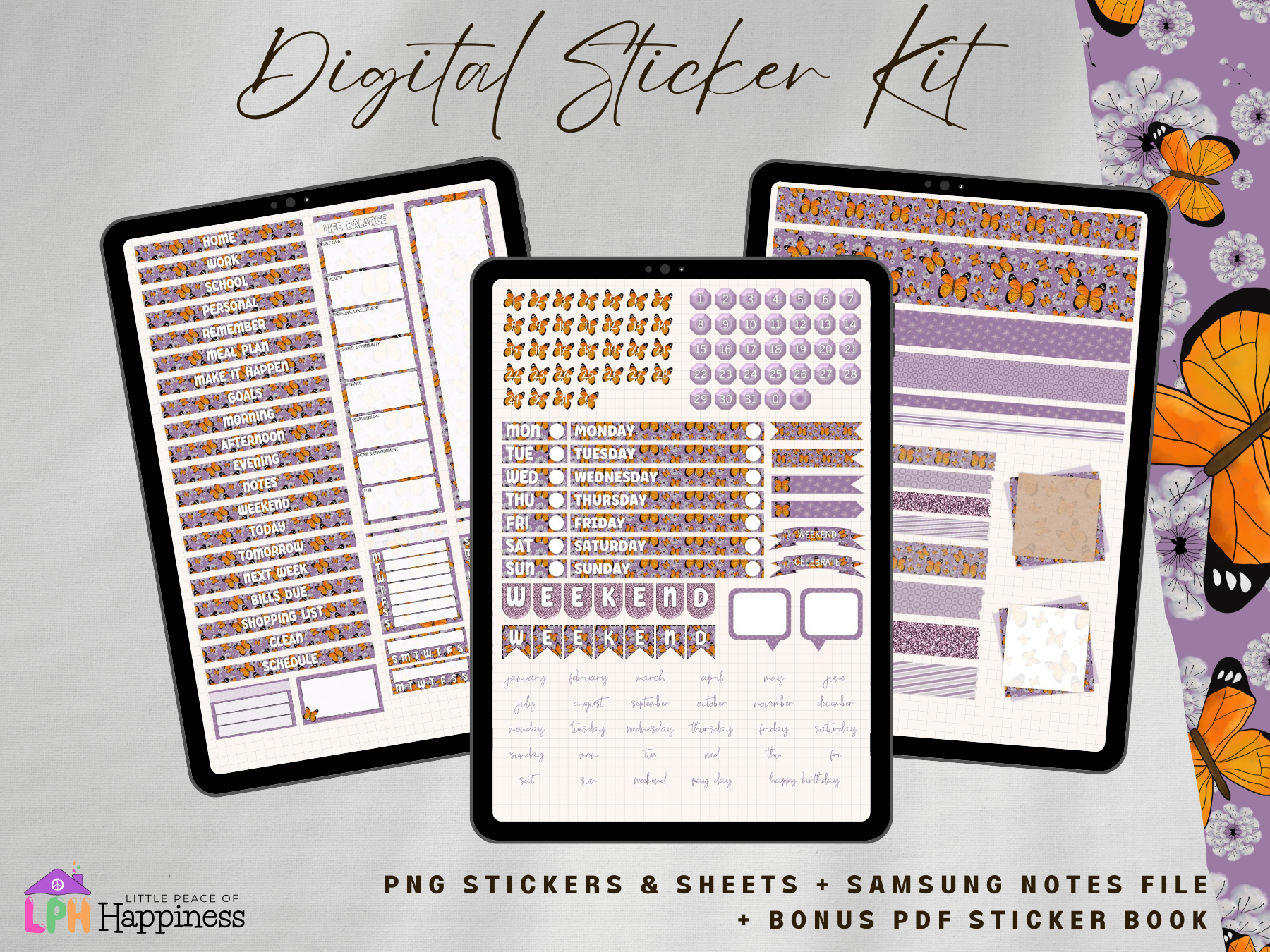 Purple Color Butterfly Functional Digital Planner Stickers for Digital Planners