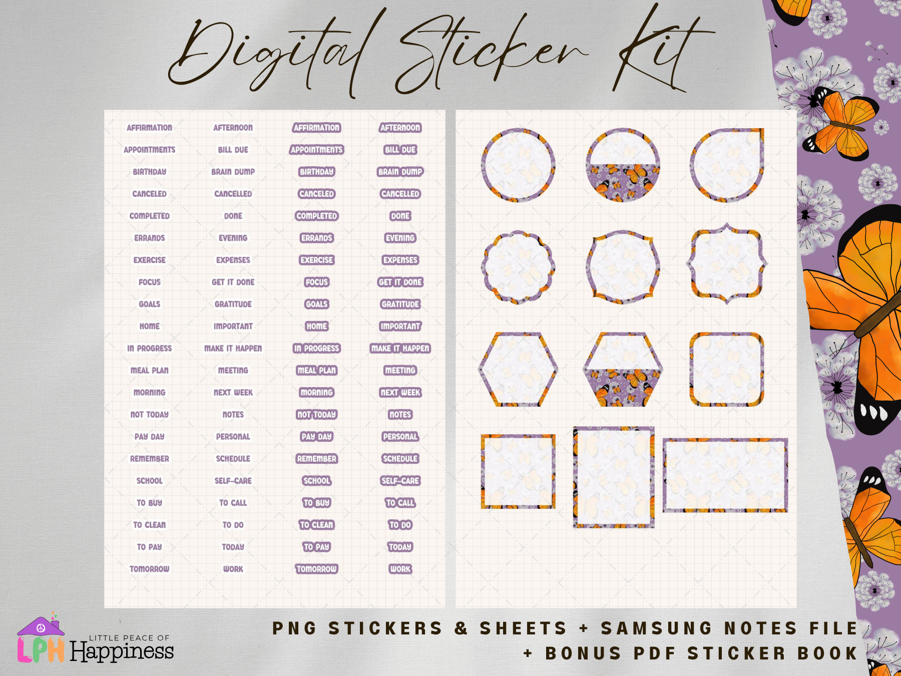 Purple Color Butterfly Functional Digital Sticker for Digital Planners