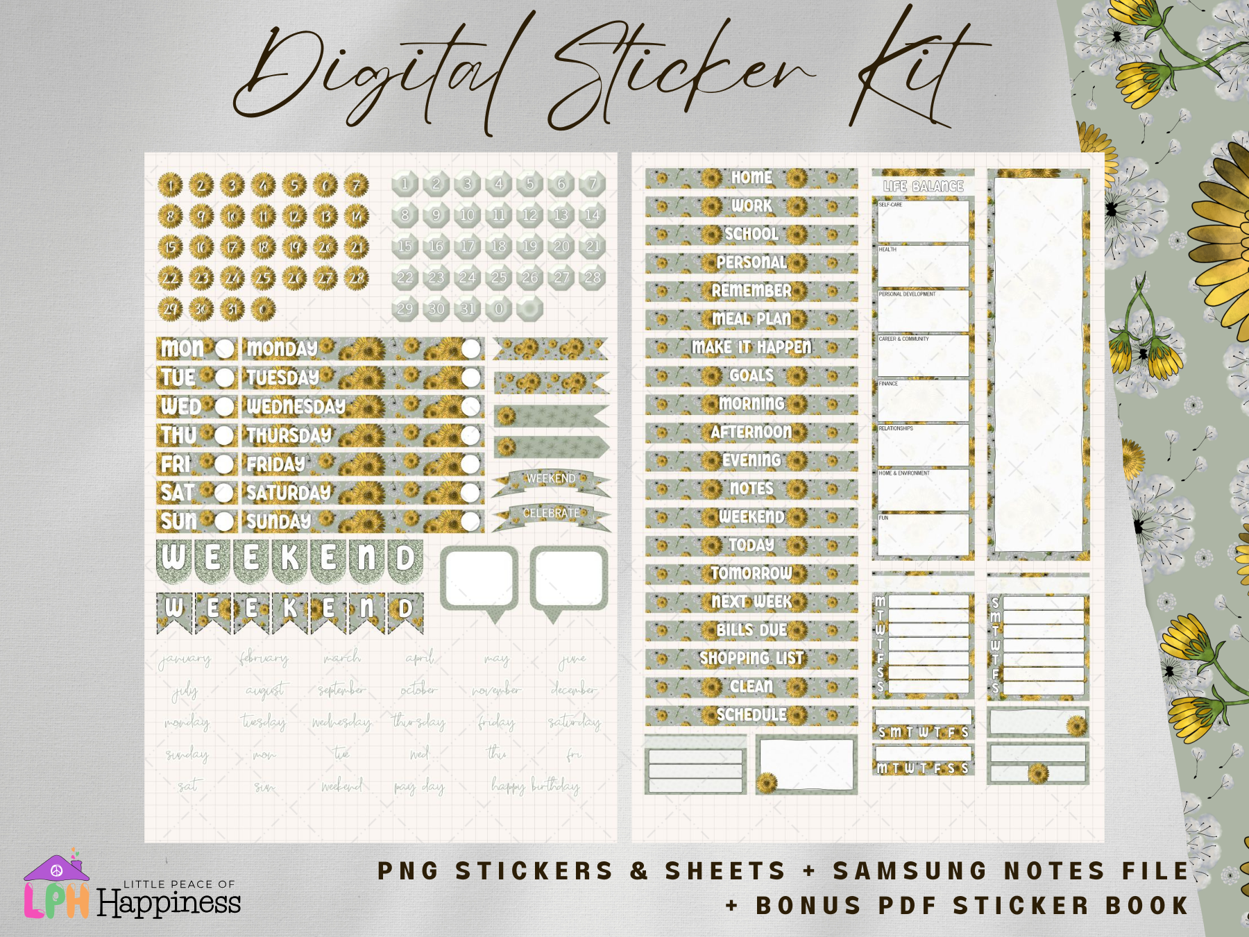 Green Color Dandelion Functional Digital Sticker for Digital Planners