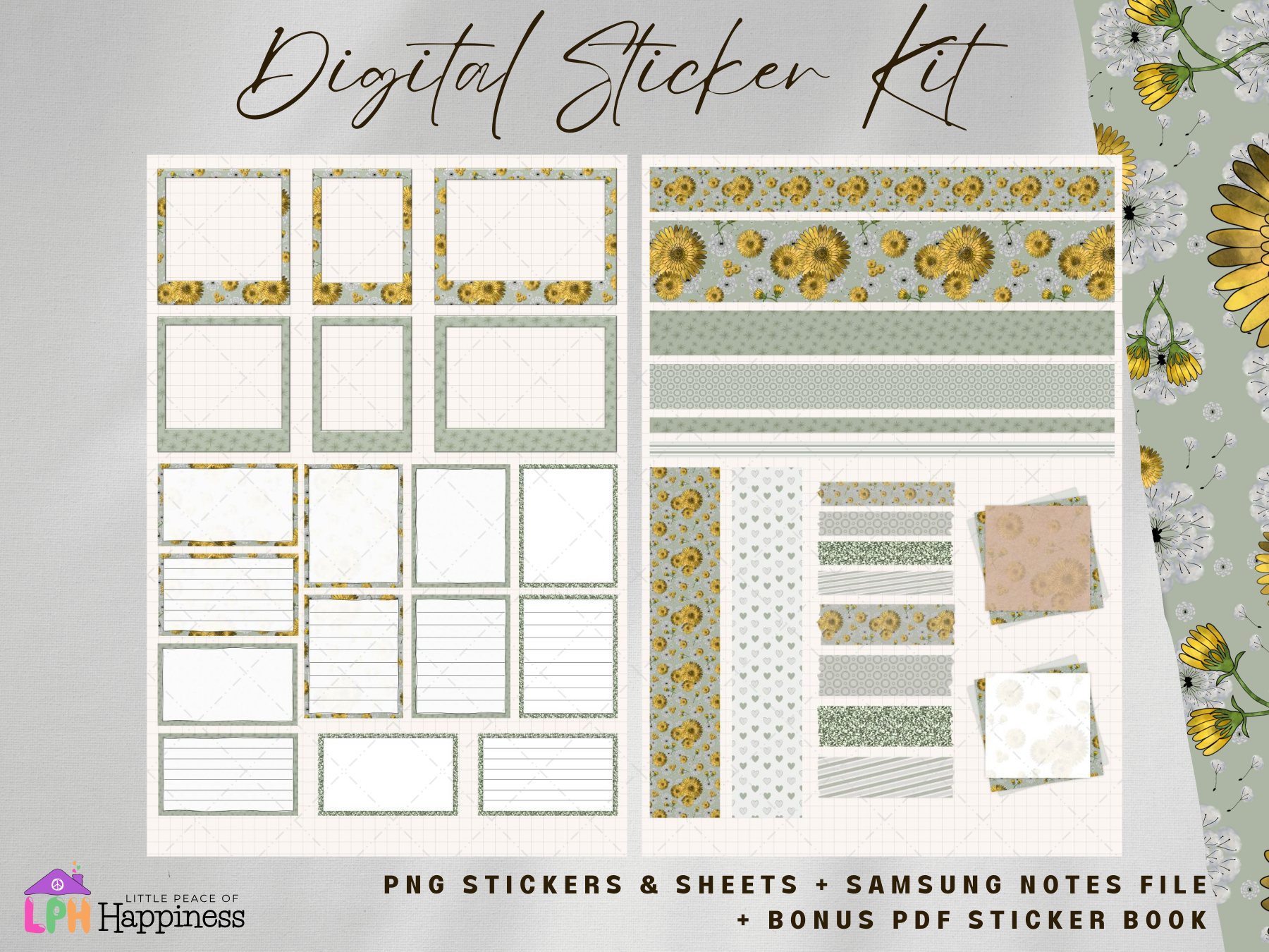 Green Color Dandelion Functional Digital Sticker for Digital Planners