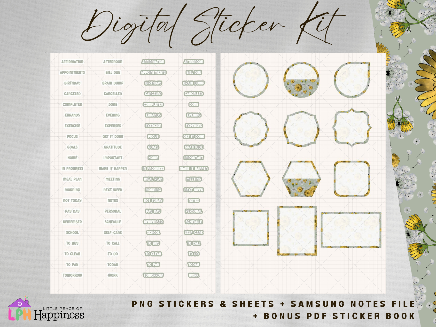 Green Color Dandelion Functional Digital Sticker for Digital Planners