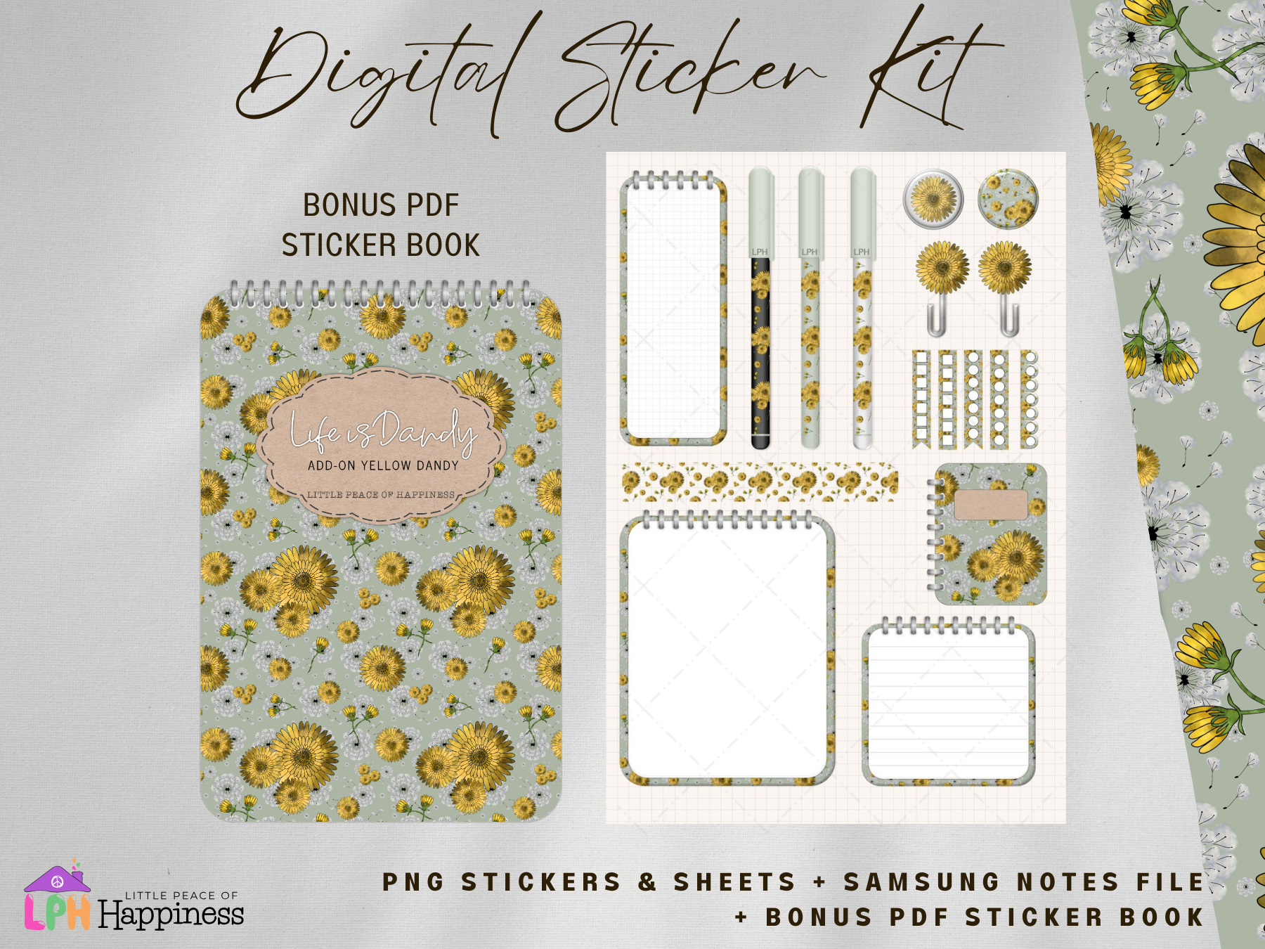 Green Color Dandelion Functional Digital Sticker for Digital Planners