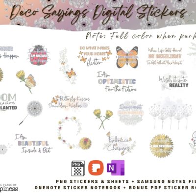 Aesthetic digital stickers with positive affirmations for digital planners. Spring deco motivational sayings for self-care & mental health wellness. Cottagecore stickers for therapy, anxiety, self-love journal. PNG, samsung notes, onenote planner.