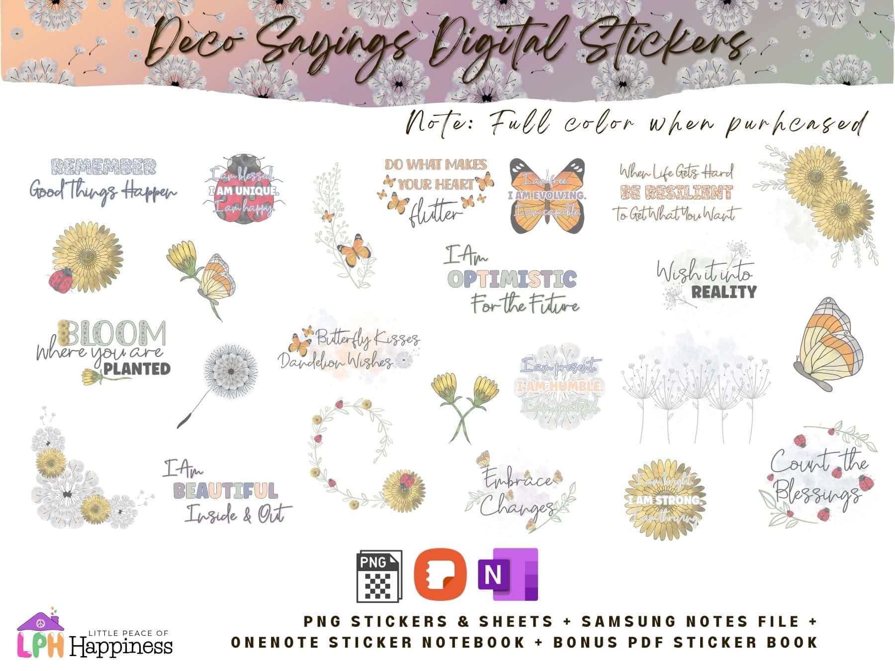 Aesthetic digital stickers with positive affirmations for digital planners. Spring deco motivational sayings for self-care & mental health wellness. Cottagecore stickers for therapy, anxiety, self-love journal. PNG, samsung notes, onenote planner.