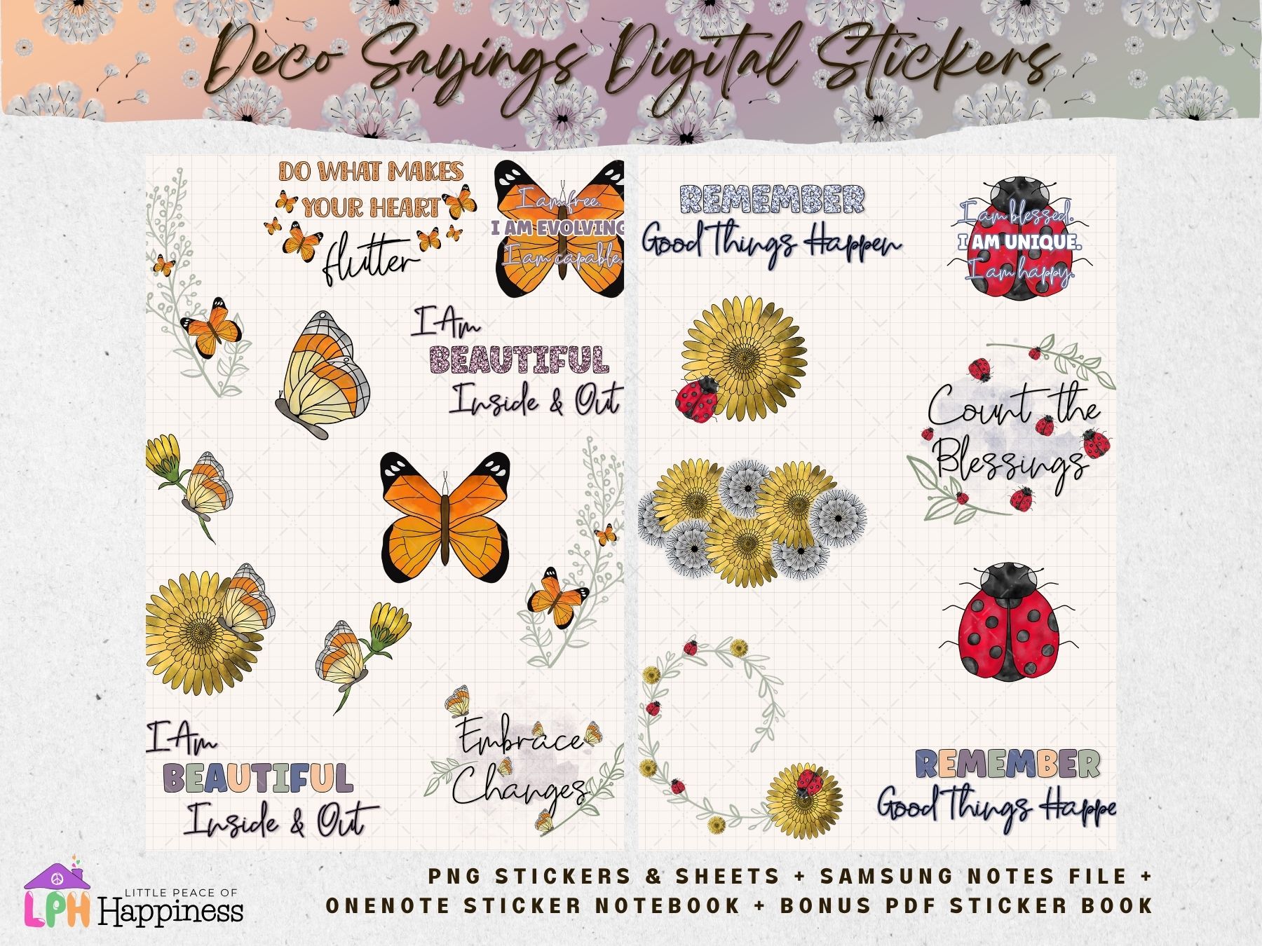 Cute Motivational Sayings Decorative Digital Sticker Inspired by Nature, Dandelion Flowers, Ladybugs, and Butterfly for Digital Planners Android, iPad, OneNote Planners