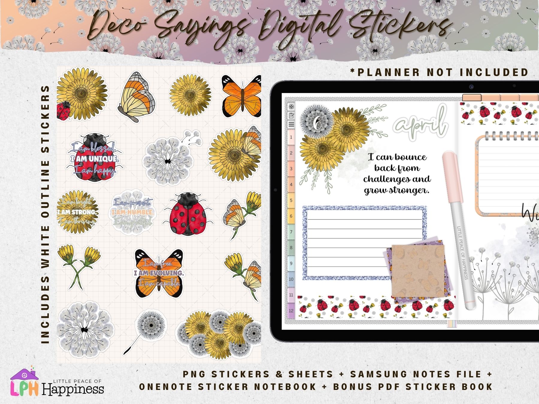 Cute Motivational Sayings Decorative Digital Sticker Inspired by Nature, Dandelion Flowers, Ladybugs, and Butterfly for Digital Planners Android, iPad, OneNote Planners