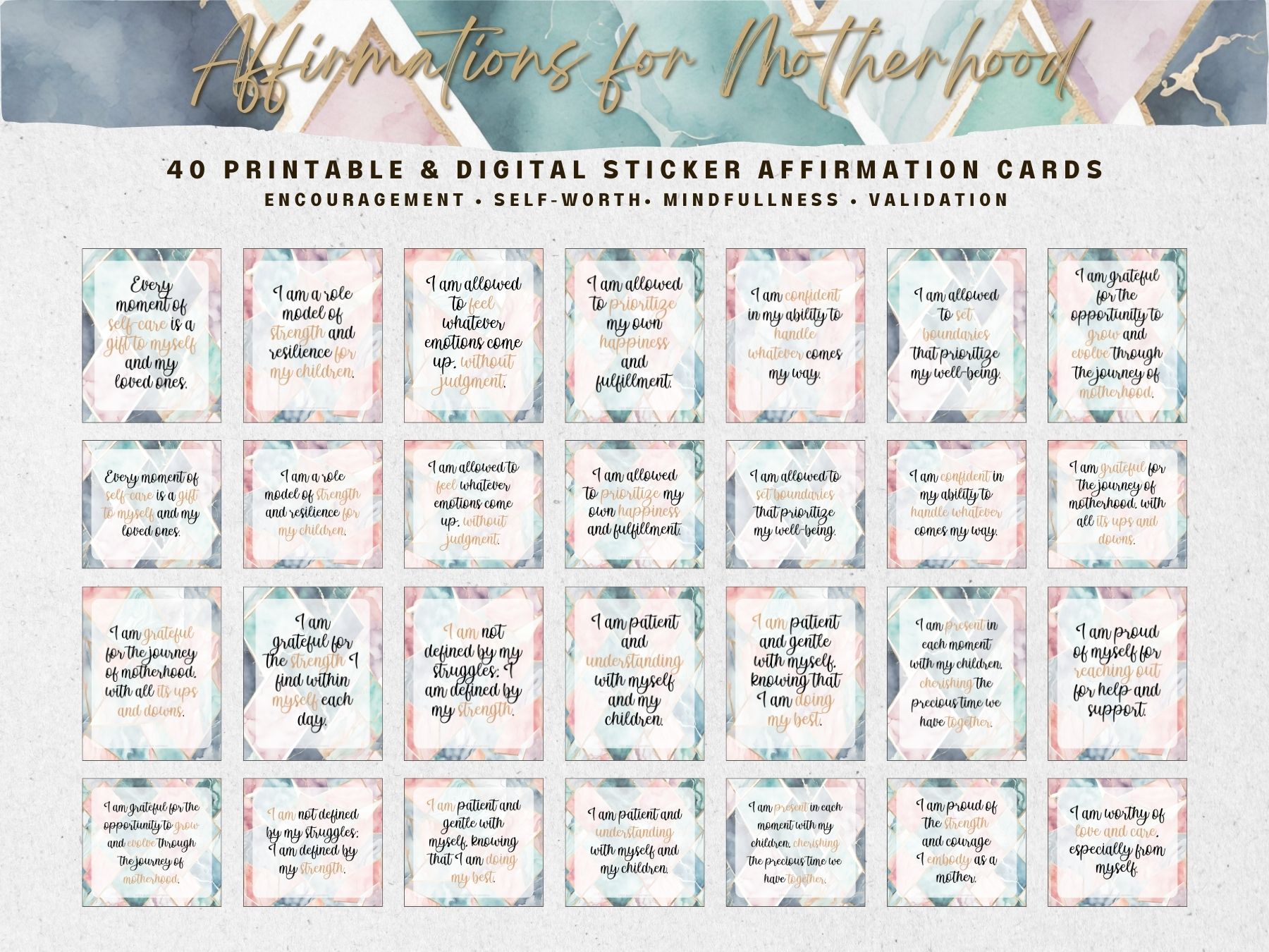 Mom Affirmation Cards Printable & Digital Positive Affirmations For new moms or seasoned moms, every mama can benefit from positive words of affirmation. Motherhood is hard and practicing daily affirmations will help boost a woman’s mental health.