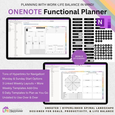 OneNote Planner to digital plan on PC, Mac, Ipad, Android Tablet, and Microsoft Surface Pro. Hyperlinked digital planner for goal setting and life balance. Planner for ADHD and productivity. OneNote Templates for finance, home, self-care & wellness.